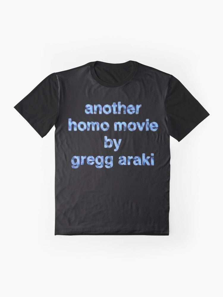 "Graphic t-shirt featuring the text 'another homo movie by gregg araki'" - Flat lay