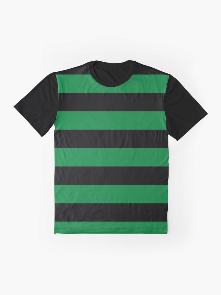 Striped green graphic t-shirt with horizontal lines - Flat lay