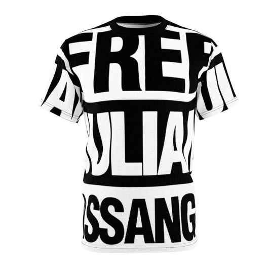 Graphic t-shirt design featuring the text "Free Assange" with a bold, empowering message in support of Julian Assange, the WikiLeaks founder and free speech advocate.