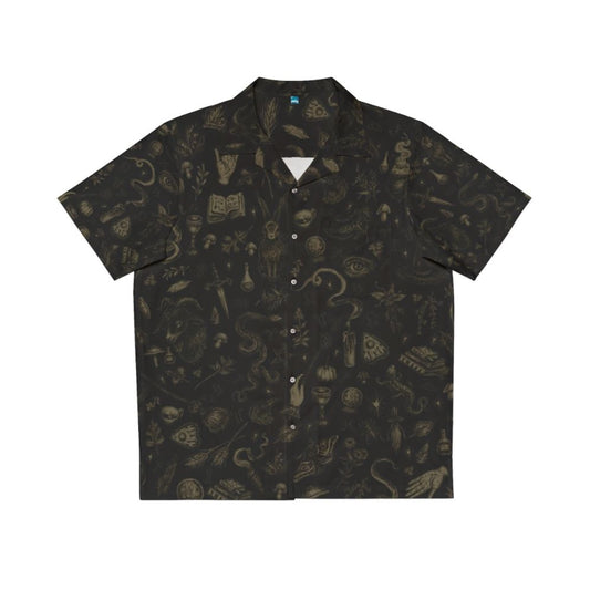 Spooky witch-themed black and beige Hawaiian shirt for fall fashion