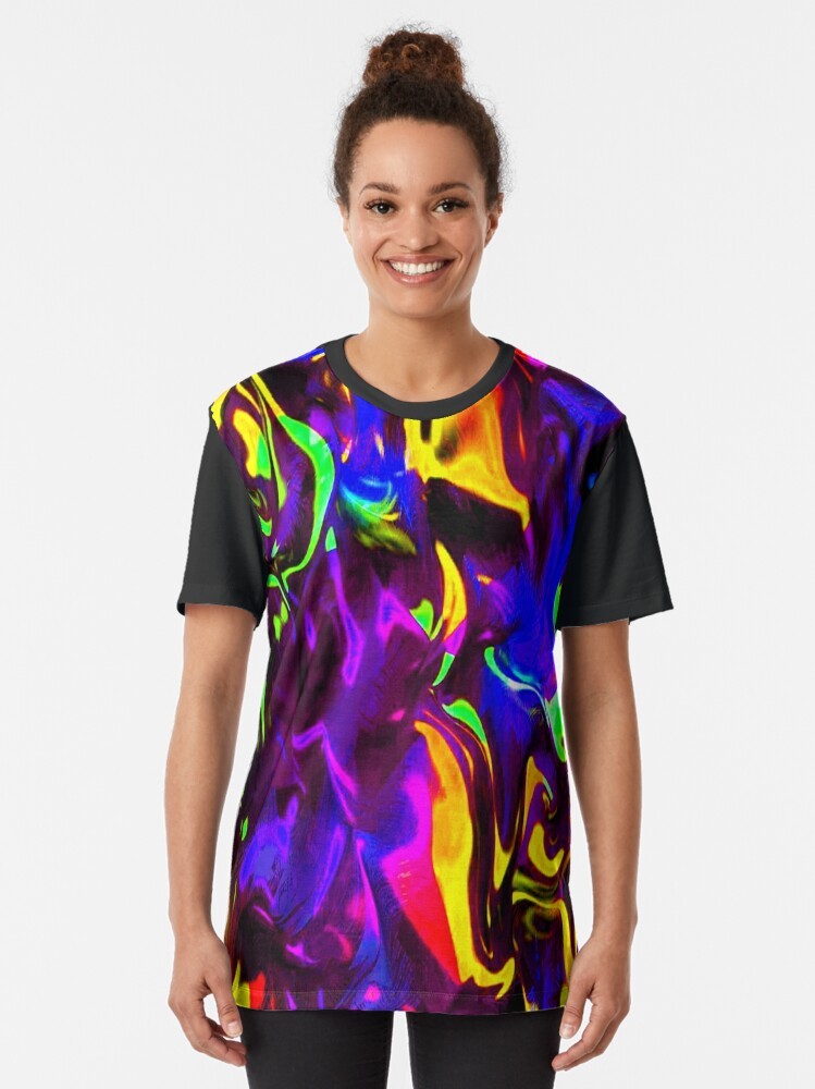 Vibrant neon and glow stick graphic t-shirt for a trippy rave party look. - Women