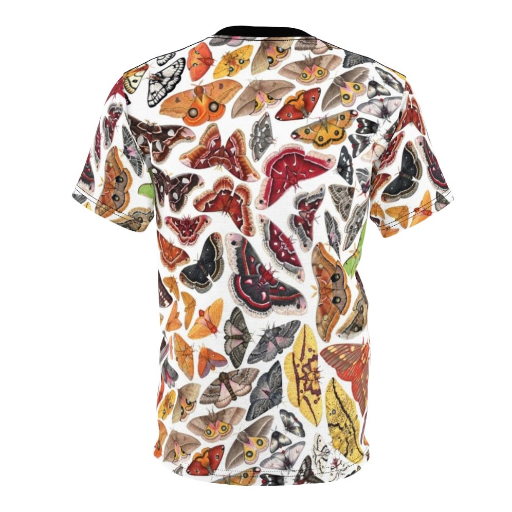 Saturniid moth pattern design on a t-shirt, featuring scientific illustration of moths native to North America. - Back