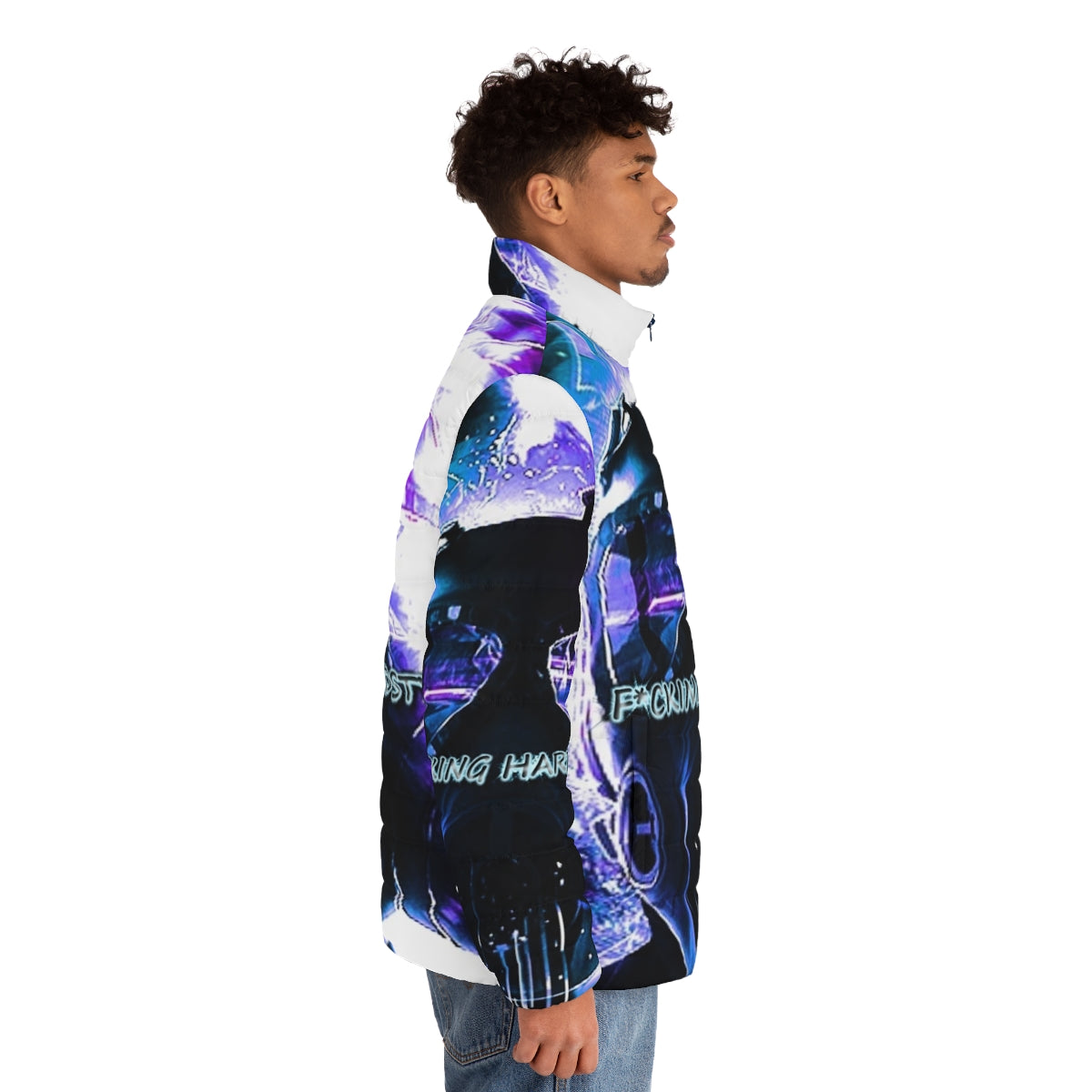 Hardstyle puffer jacket with electronic music and festival inspired design - men side right