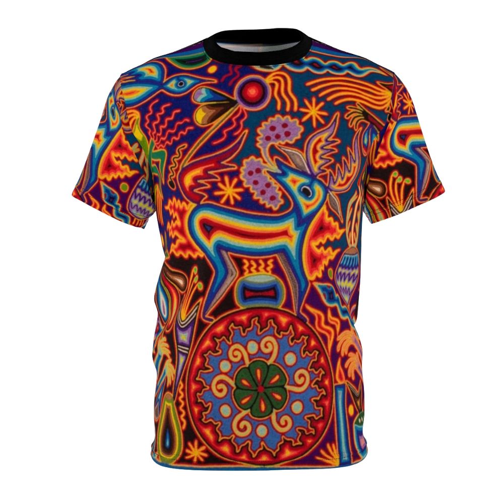 Vibrant Huichol-inspired t-shirt featuring abstract floral and skull designs