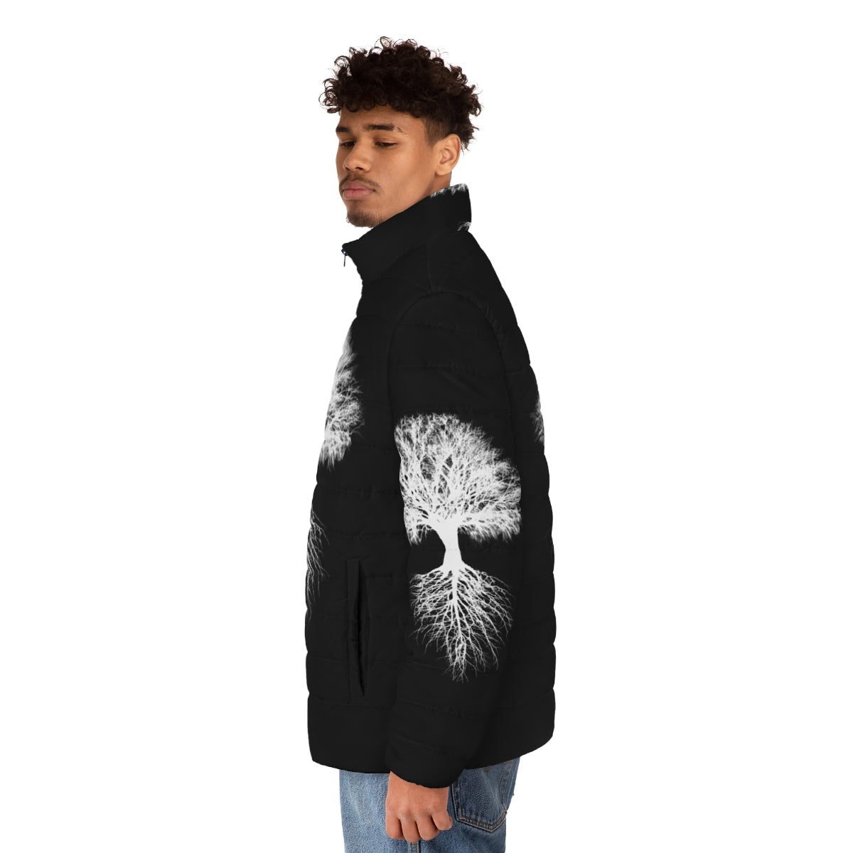 A person wearing a puffer jacket with a tree of life design, representing nature and environmental conservation. - men side left