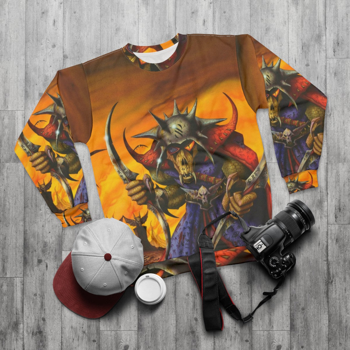 Heavy metal sweatshirt featuring a fiery, villainous fantasy design - flat lay