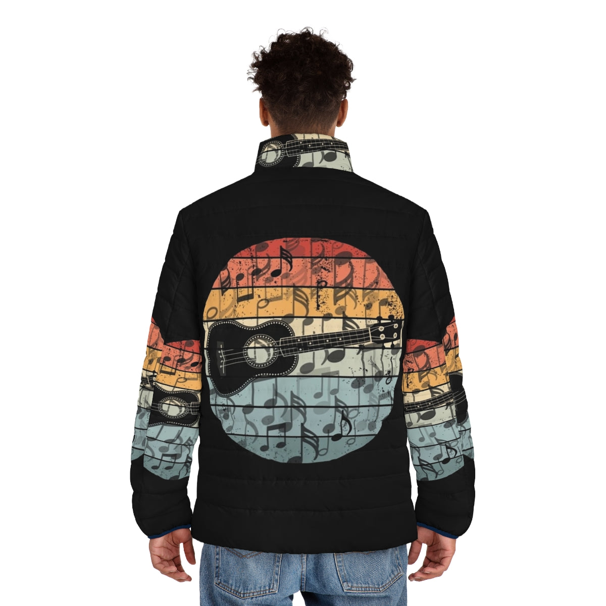 Retro puffer jacket with a ukulele player design - men back