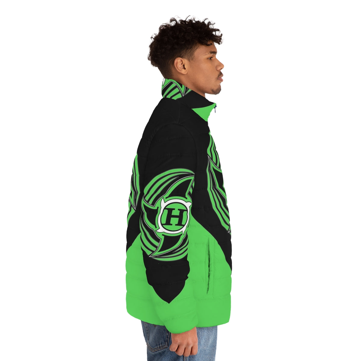 The Hurricane Puffer Jacket - Retro wrestling inspired green puffer jacket - men side right