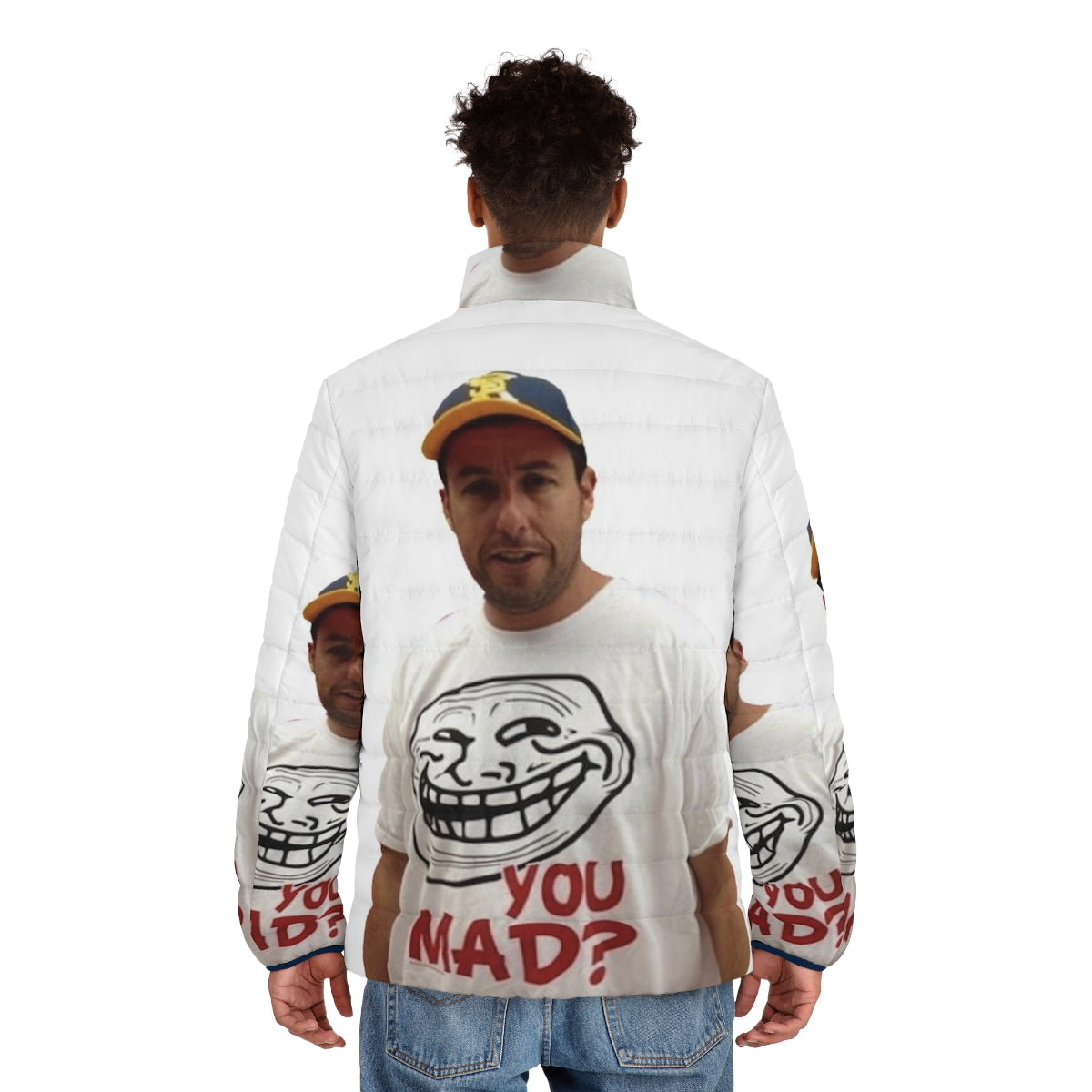 Adam Sandler wearing a puffer jacket with a "U Mad" t-shirt - men back