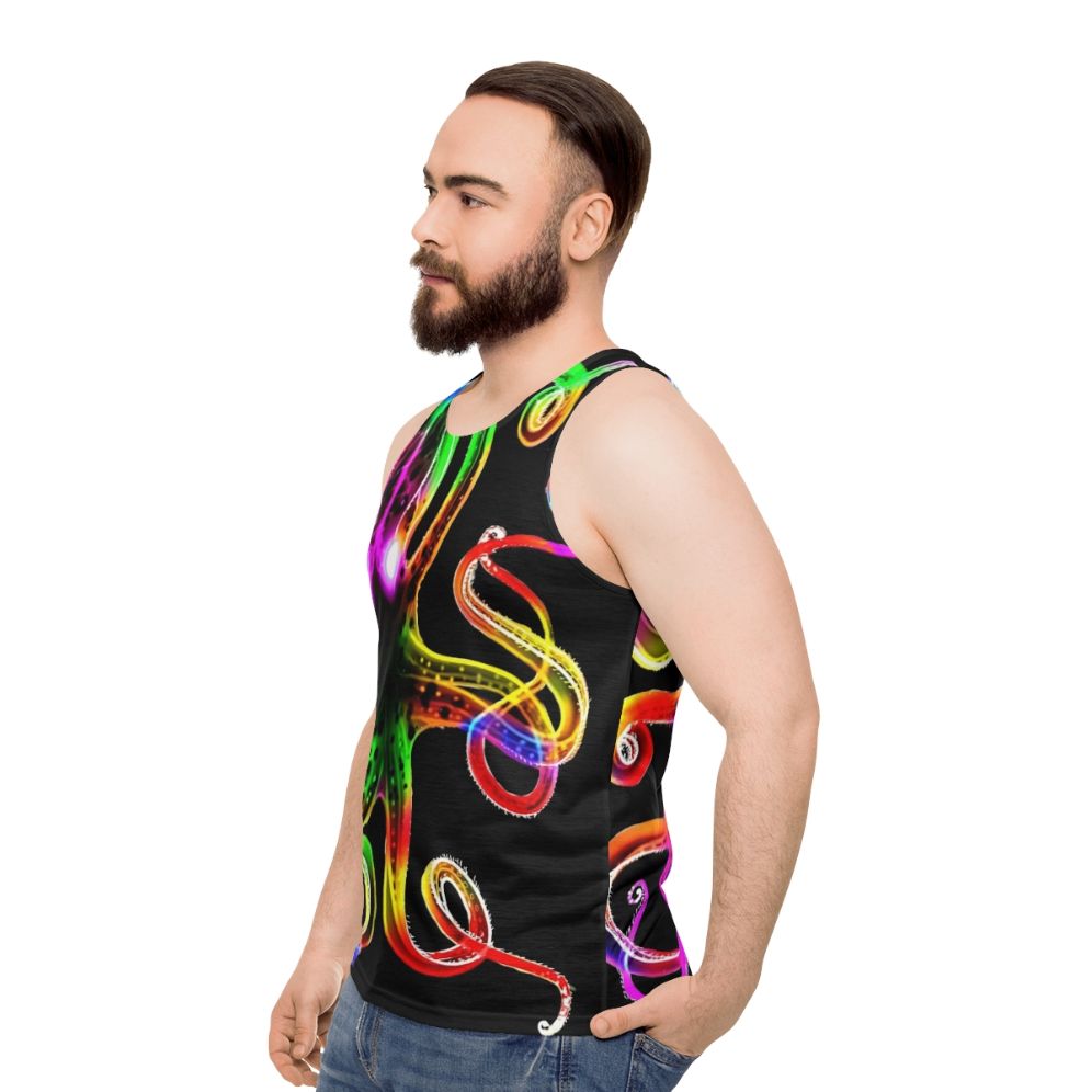 Unisex tank top with a glowing rainbow octopus design - men side