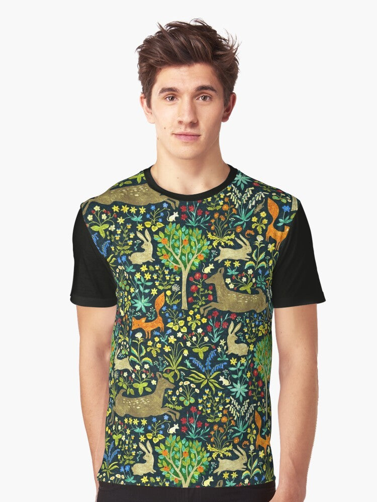 Arazzo Medievale medieval graphic t-shirt featuring animals like hares, rabbits, deer, and foxes in a forest setting - Men