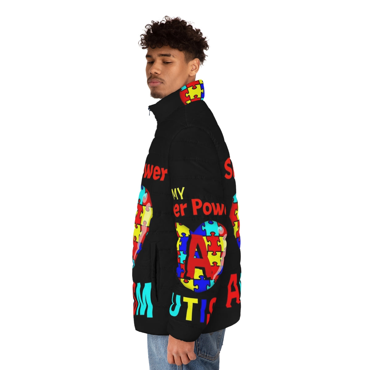 Autism Awareness My Super Power Puffer Jacket with puzzle pieces and heart - men side left