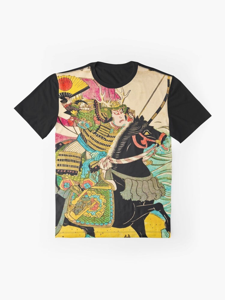 A graphic t-shirt design featuring a samurai warrior riding a horse in the traditional Japanese ukiyo-e style. - Flat lay