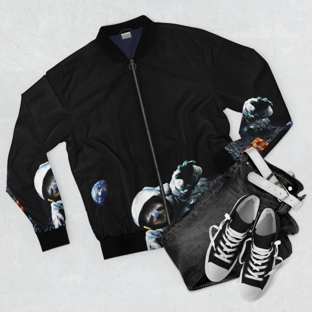 Slothstronaut space bomber jacket with pizza and astronaut design - Flat lay