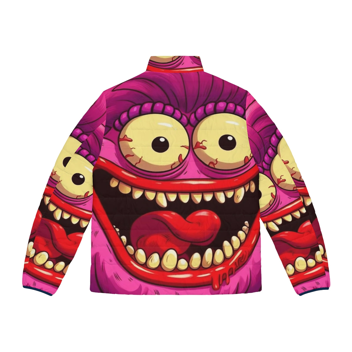 Colorful and vibrant puffer jacket featuring the Big Mouth hormone monster - Back