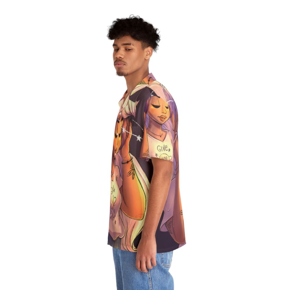 Woman wearing a give me space galaxy print hawaiian shirt - People Left