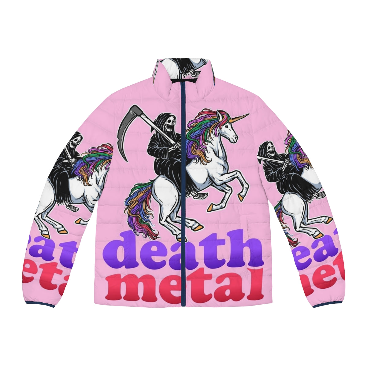 Death Metal Sing-Along Puffer Jacket featuring a skeleton design for heavy metal fans