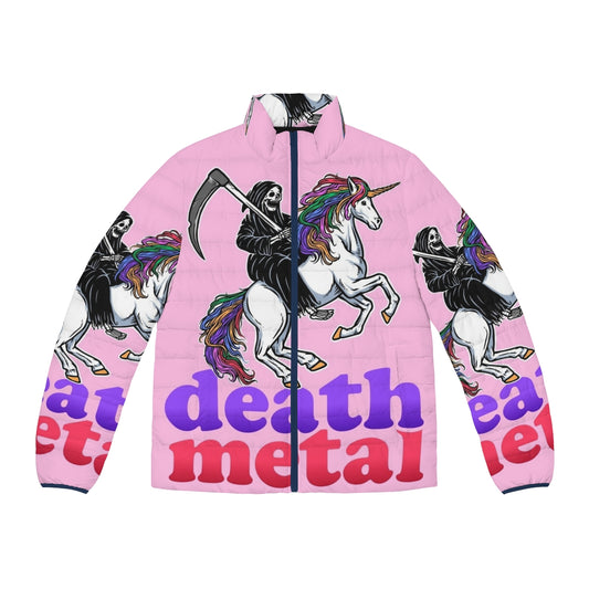 Death Metal Sing-Along Puffer Jacket featuring a skeleton design for heavy metal fans