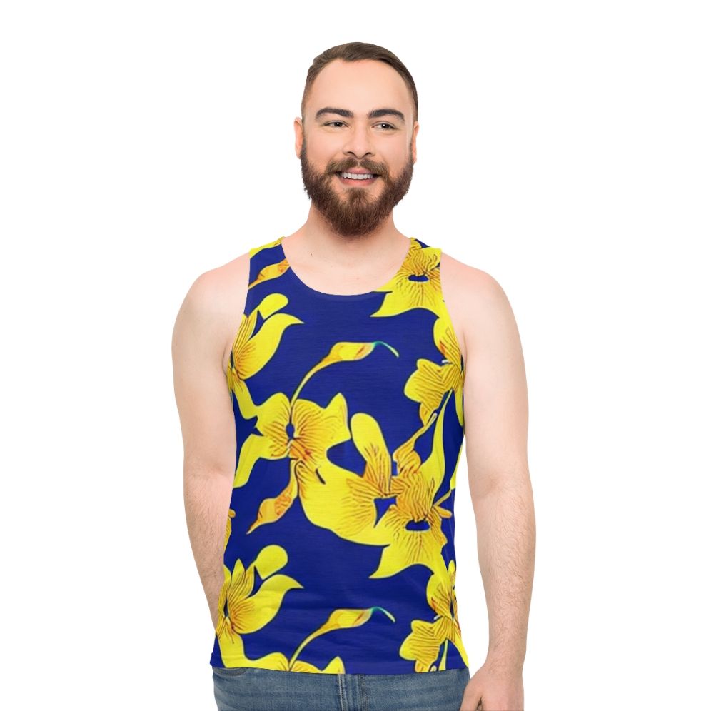 Abstract yellow floral pattern on blue unisex tank top - men