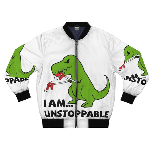 A green and red bomber jacket with a T-Rex print and the text "I am unstoppable" on it.