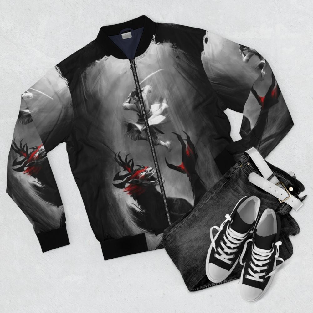 Samurai Jack Showdown Bomber Jacket with katana and demon design - Flat lay