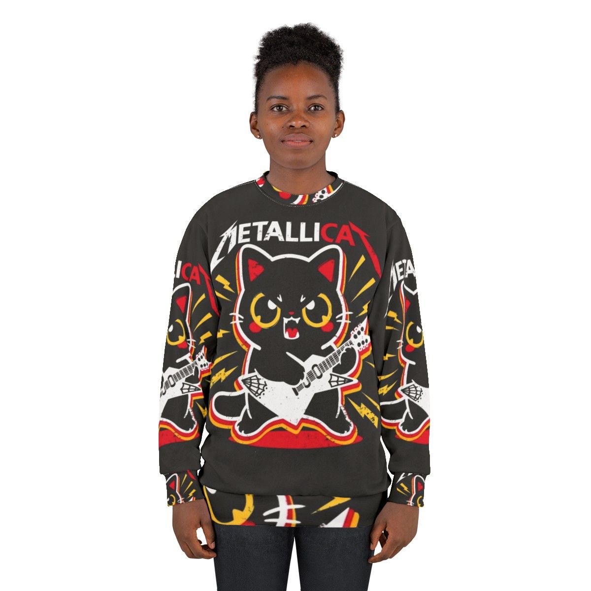 Metallicat metal sweatshirt with a cat pun design - women