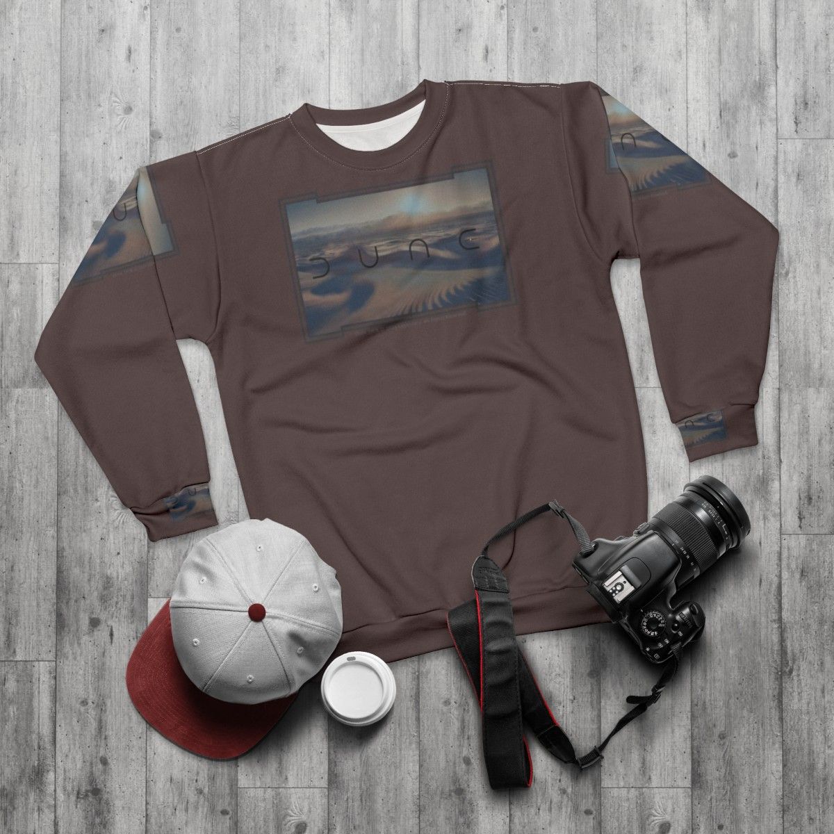 Dune movie inspired sweatshirt with cinematic desert planet design - flat lay