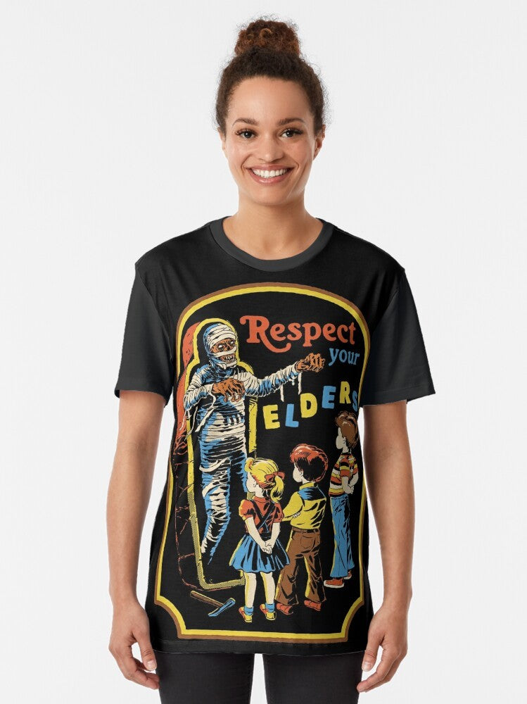 Vintage-style graphic t-shirt with the text "Respect Your Elders" and a mummy design - Women