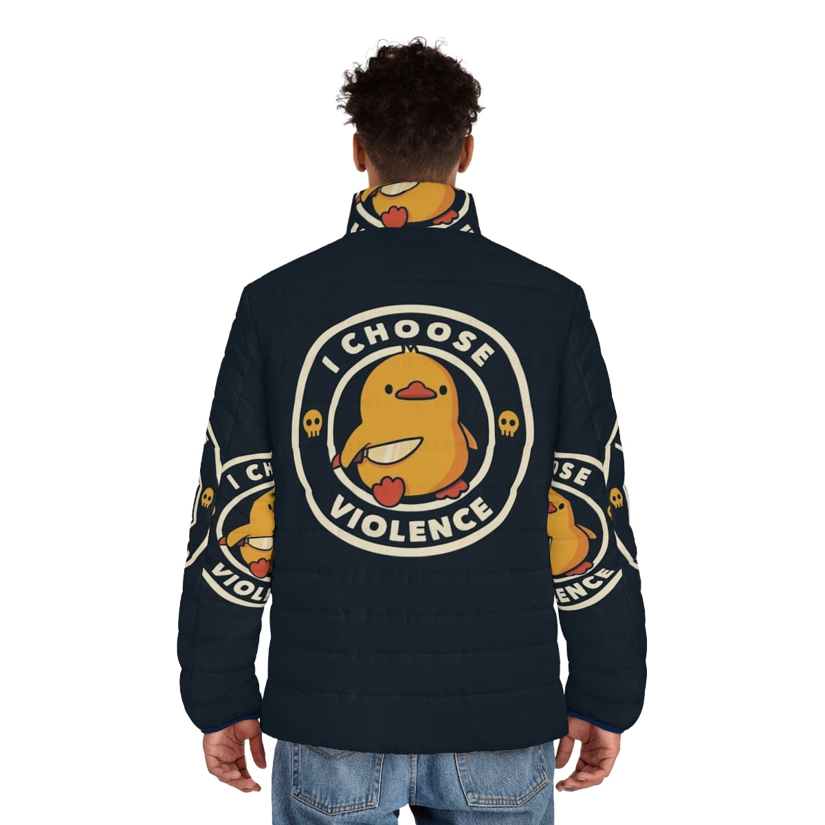 Funny angry duck wearing a skull puffer jacket designed by Tobe Fonseca - men back