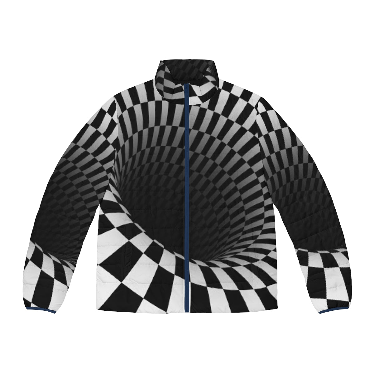 A black and white puffer jacket with an optical illusion checkerboard pattern