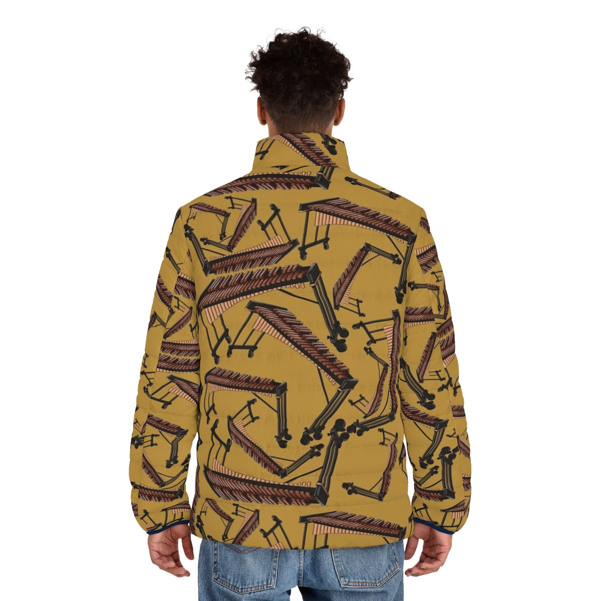 A yellow puffer jacket with a xylophone musical instrument pattern, perfect for musicians and percussionists. - men back