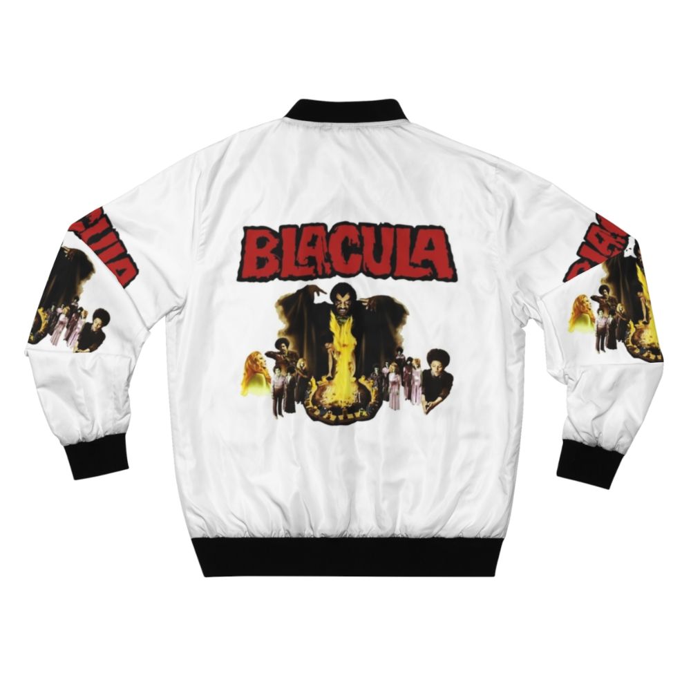 Black and red horror-themed bomber jacket with Blacula-inspired graphic design - Back