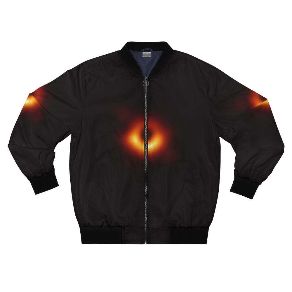 Black hole bomber jacket featuring event horizon and cosmic design