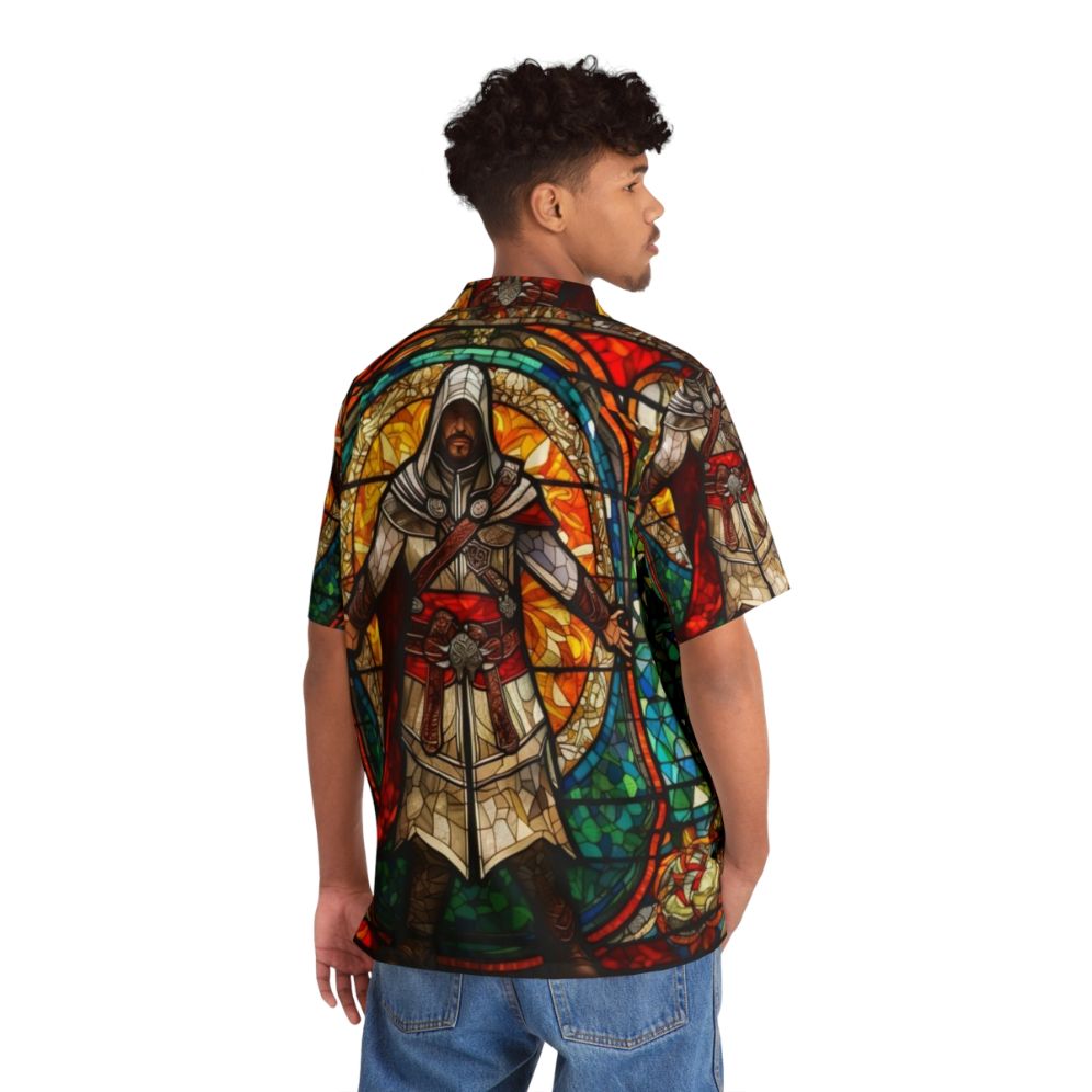 Assassin's Creed inspired Hawaiian shirt with stained glass and mosaic design - Flat lay