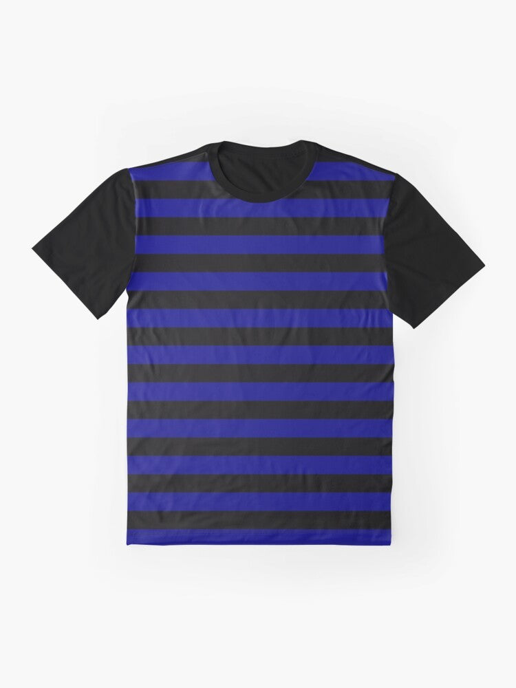 Royal blue and black horizontal striped graphic t-shirt - Flat lay