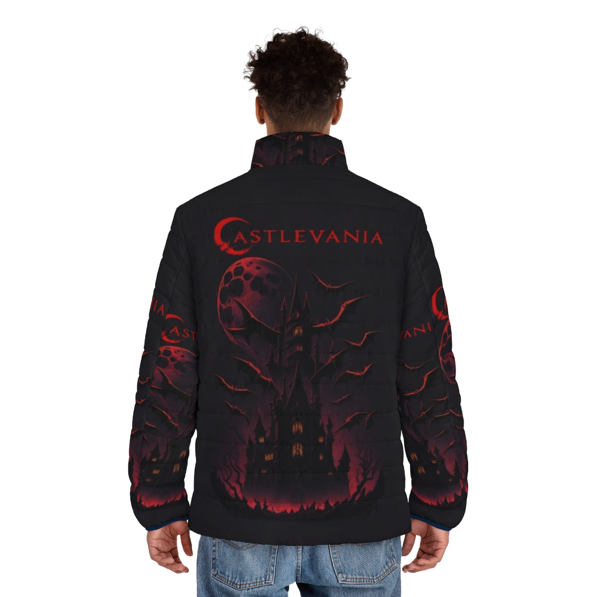 Castlevania inspired puffer jacket with Simon Belmont's iconic look - men back