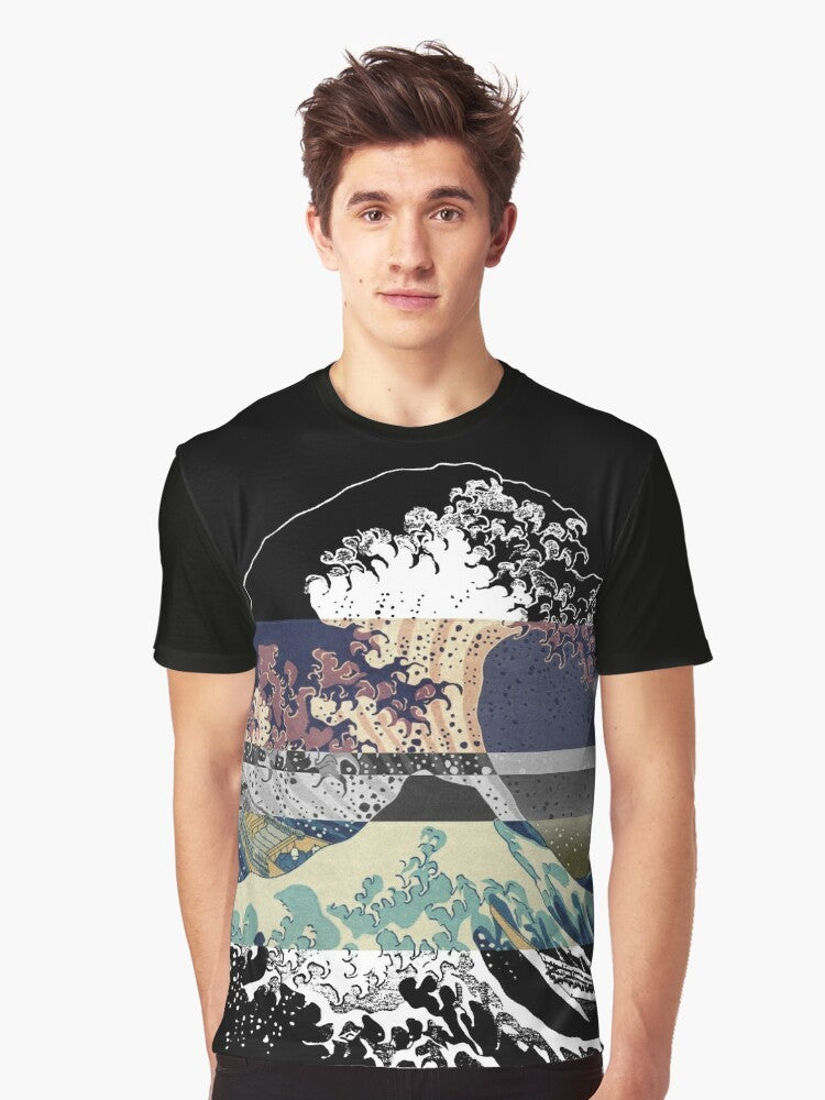 A graphic t-shirt design featuring the iconic "The Great Wave off Kanagawa" by Hokusai with a color glitch effect, evoking a tumblr aesthetic. - Men