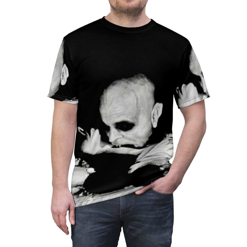 Vintage-style t-shirt featuring Nosferatu, the iconic silent horror film monster - men front