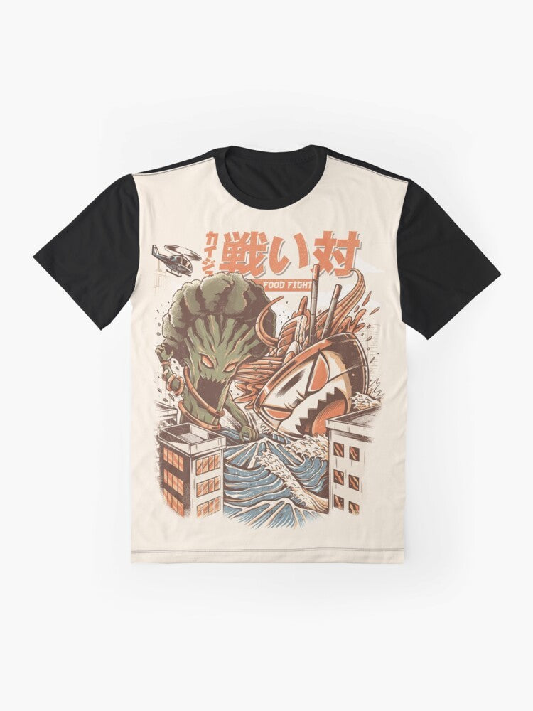Anime-inspired graphic t-shirt featuring a fight between a ramen kaiju and broccoli monster - Flat lay