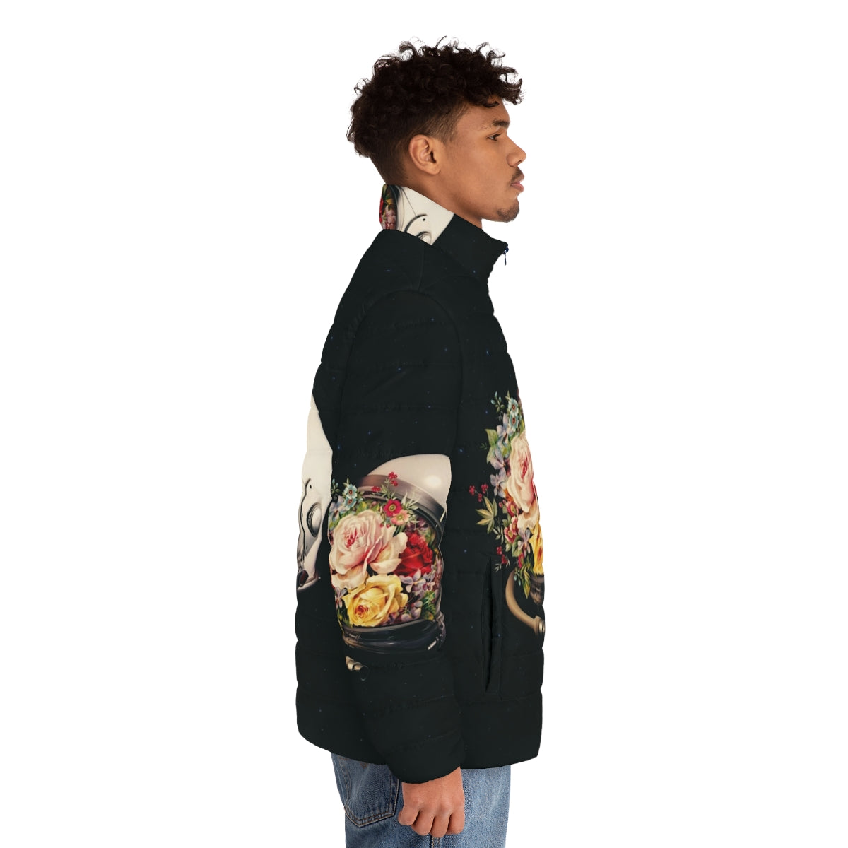 Puffer jacket featuring a collage of an astronaut, space, stars, and flowers - men side right