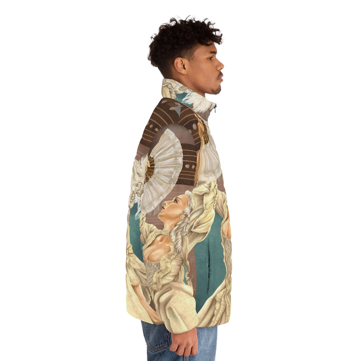 Stylish puffer jacket featuring pop art inspired French royalty design - men side right