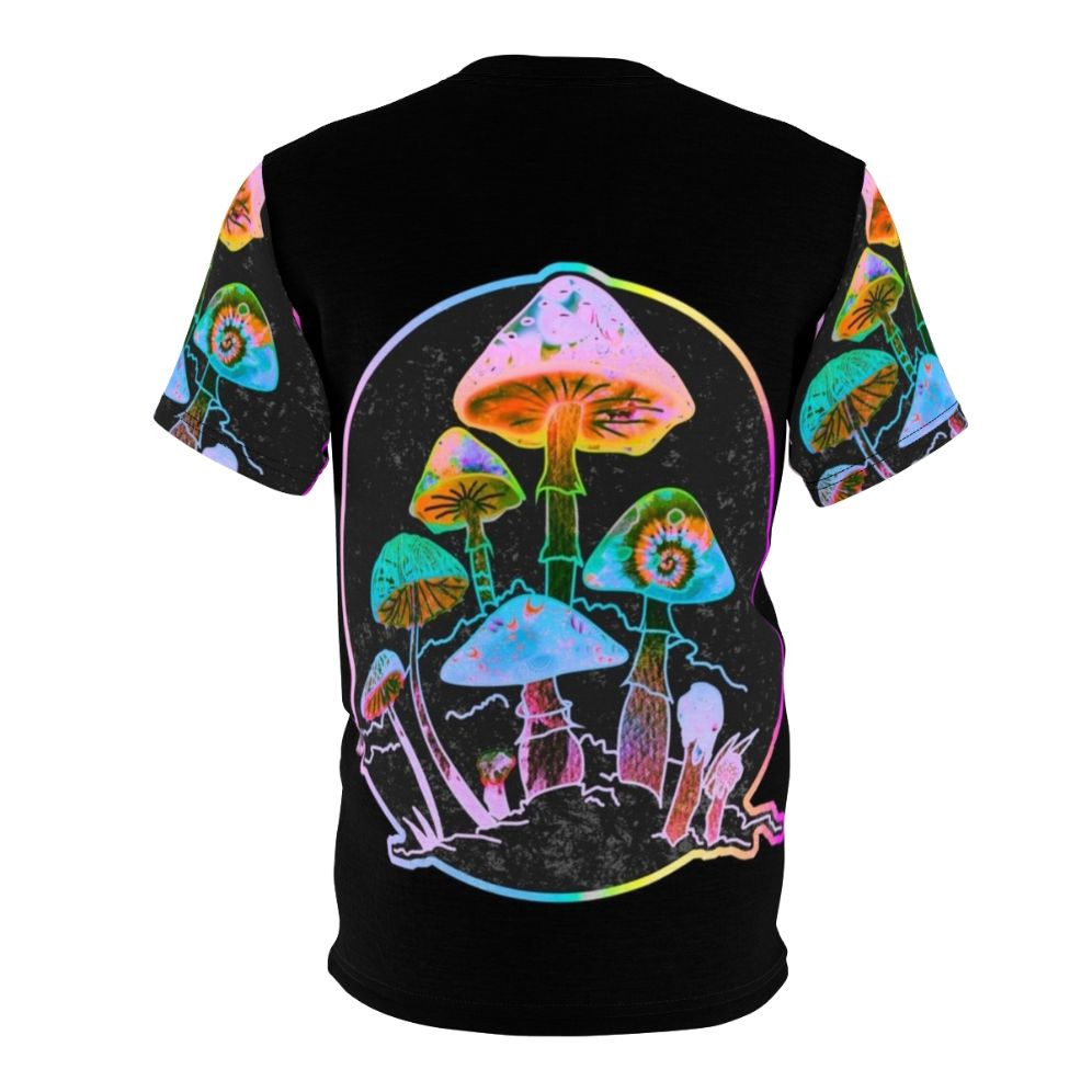 Trippy mushroom design t-shirt with colorful, psychedelic, and consciousness-themed graphics - Back