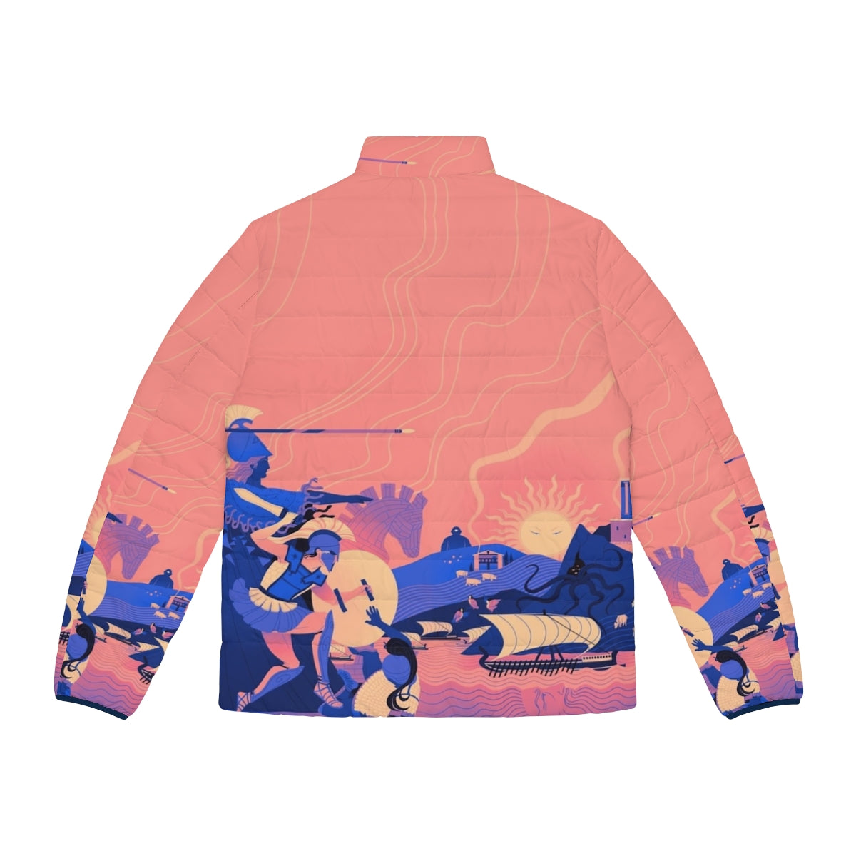 Homeric Landscape Summer Puffer Jacket with Greek Mythology Inspired Design - Back