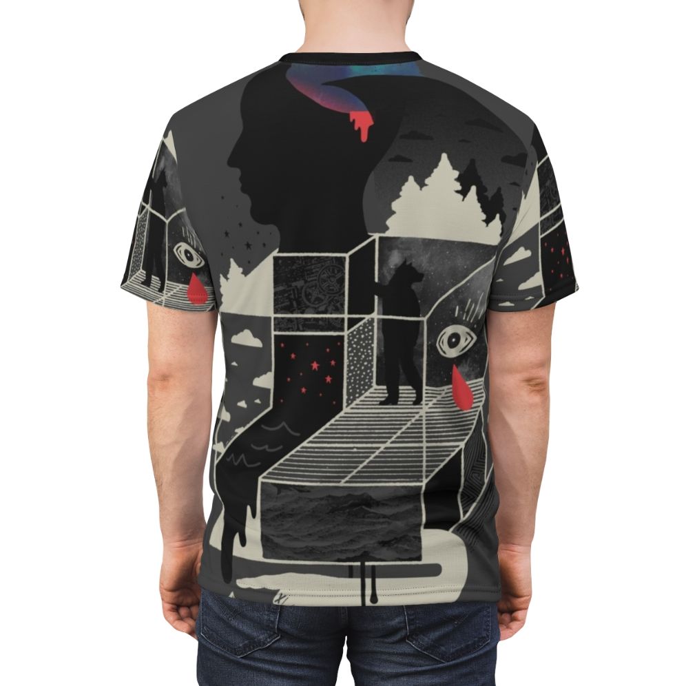 Surreal abstract t-shirt with eyes, clouds, geometric shapes, and stars - men back