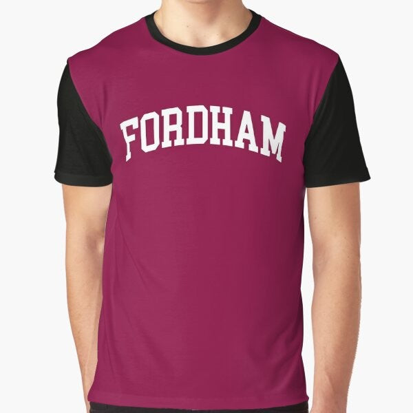 Fordham College Curved Graphic T-Shirt, featuring the Fordham university logo in a curved font design