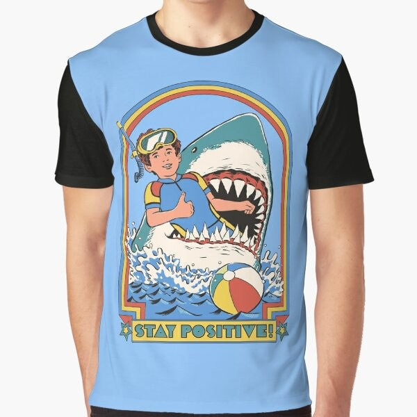 Retro-style graphic t-shirt with "Stay Positive" text and a vintage shark design