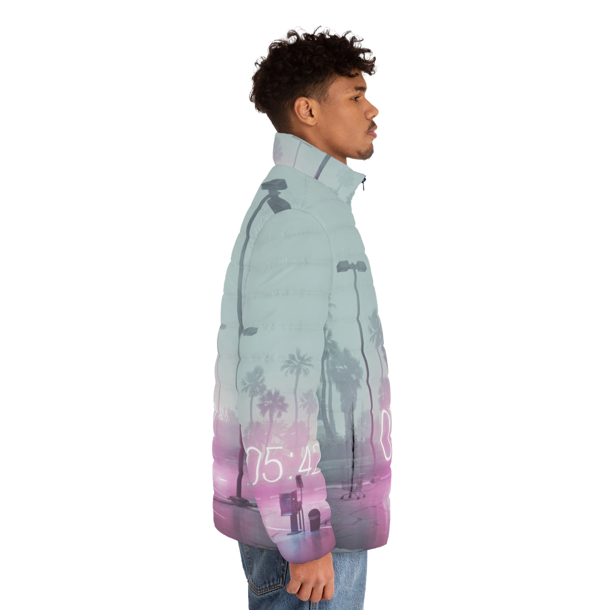 Time Puffer Jacket with vaporwave, synthwave, and retro design - men side right