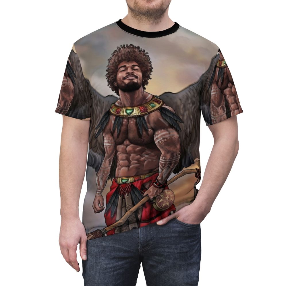 Eshu AOP T-shirt featuring a vibrant, homoerotic illustration of two muscular, gay male figures. - men front