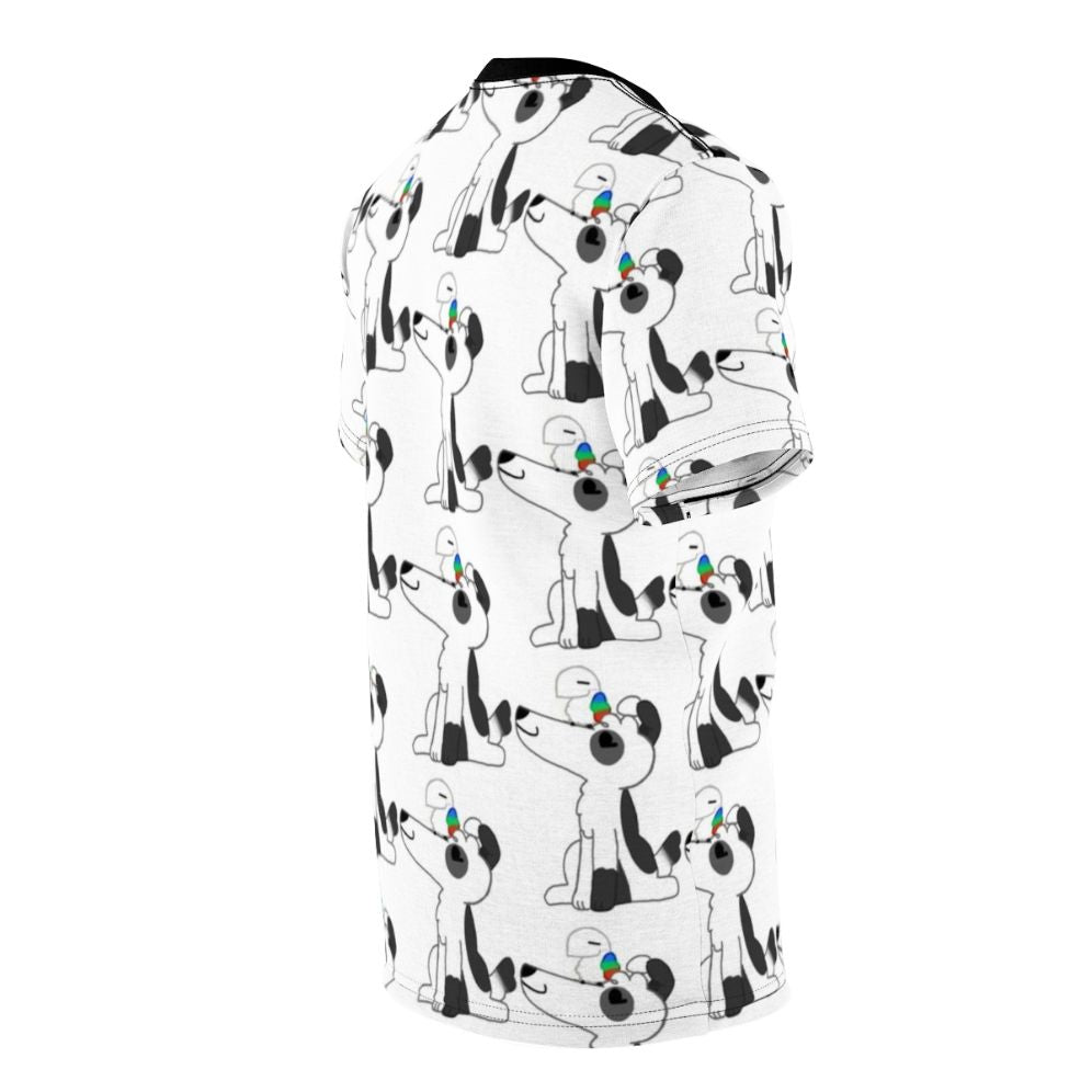 A high-quality t-shirt featuring a playful dog and bird design. - men right