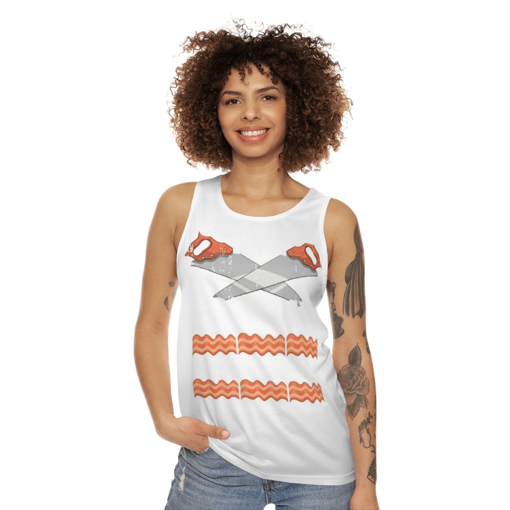 Unisex carpenter tank top with "The Bacon of Hobbies" design - women